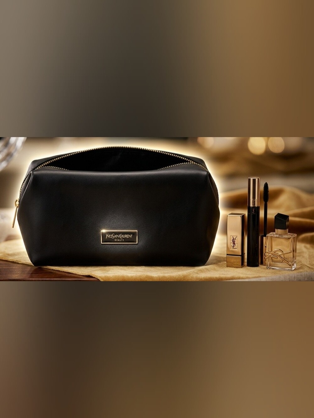 Yves Saint Laurent Beaute YSL Black Cosmetic Bag Makeup Pouch Gold Hardware